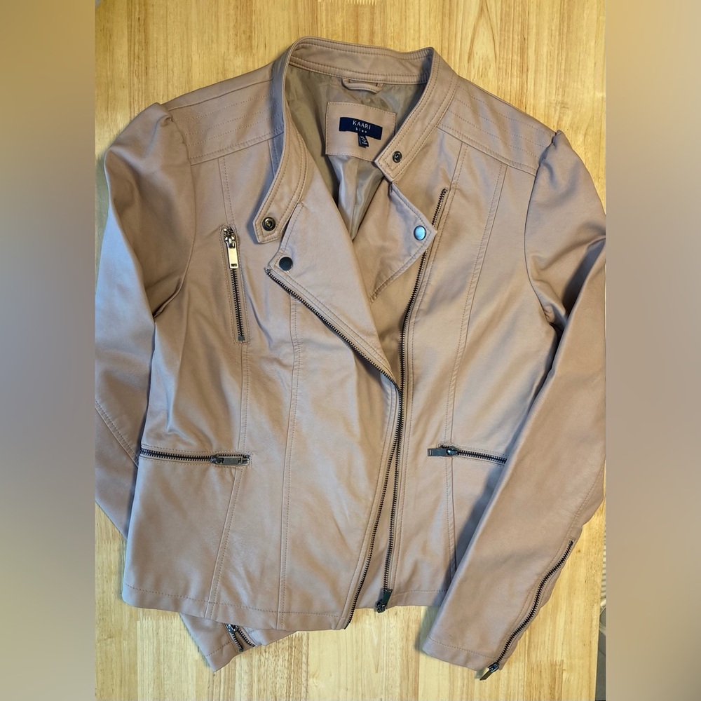 Kaari Blue faux leather moto jacket in blush/mauve. Size XL